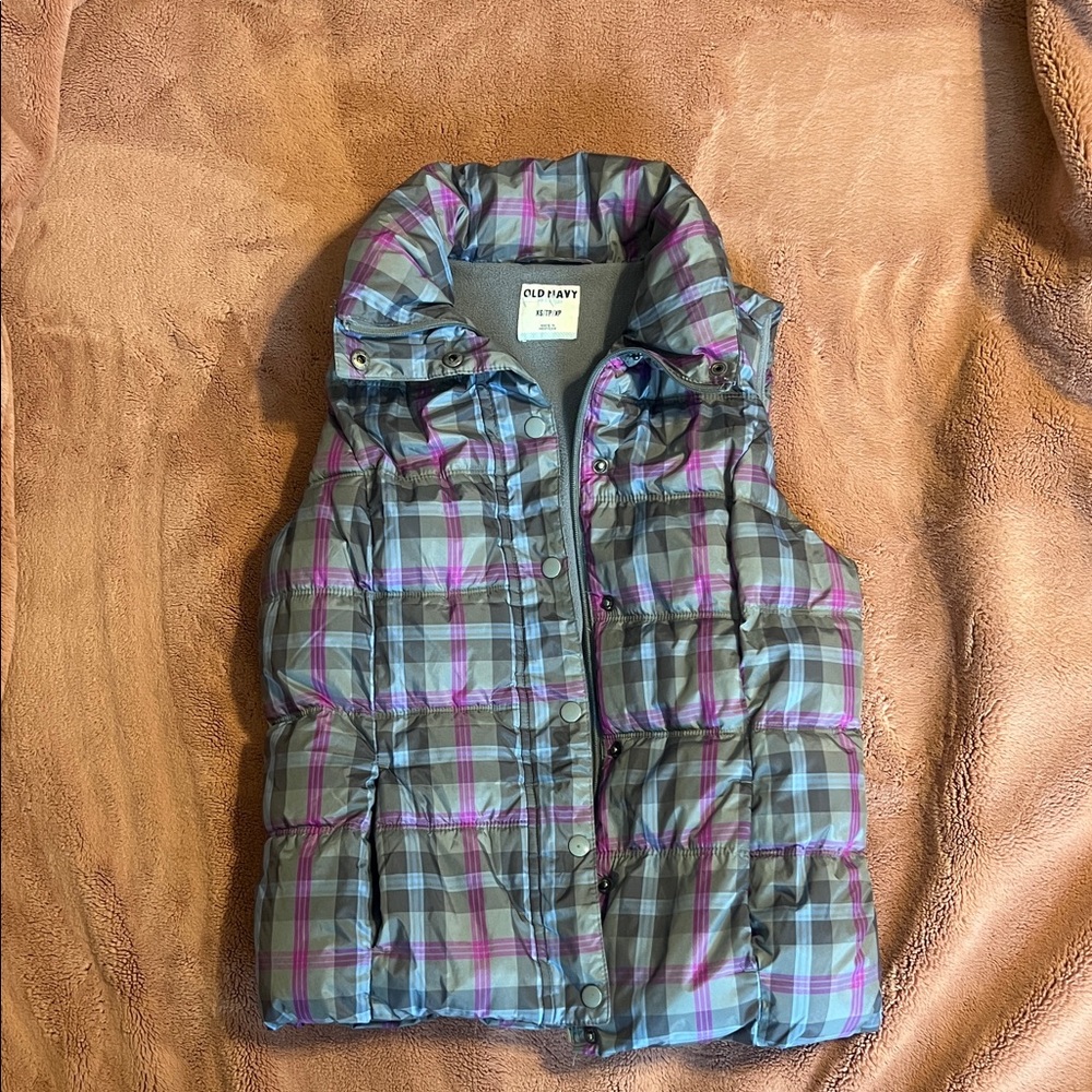 Old Navy Kids Checkered Puffer Vest - Blue and Pink